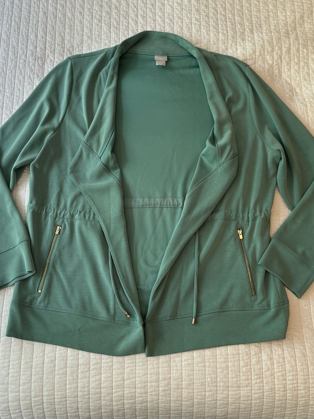 Chico's Teal Green Open-Front Drawstring Utility Jacket Cardigan